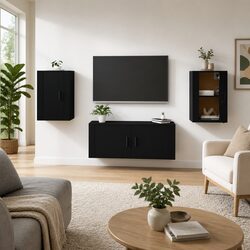 Wall Mounted TV Cabinet Black Storage Unit Media Organiser Display Shelf Home