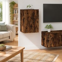 Wall Mounted TV Cabinet Brown Smoked Oak Media Storage Unit Floating Cupboard