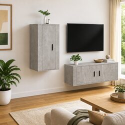 Wall Mounted TV Cabinet Grey Storage Unit 3 Compartments Media Organiser