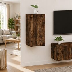 Wall Mounted TV Cabinet Storage Unit Compartments Brown Engineered Wood Media