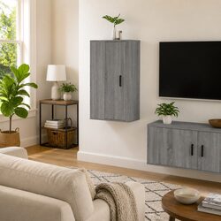 Wall Mounted TV Cabinet Grey Media Unit 3 Compartments Storage Organiser Décor