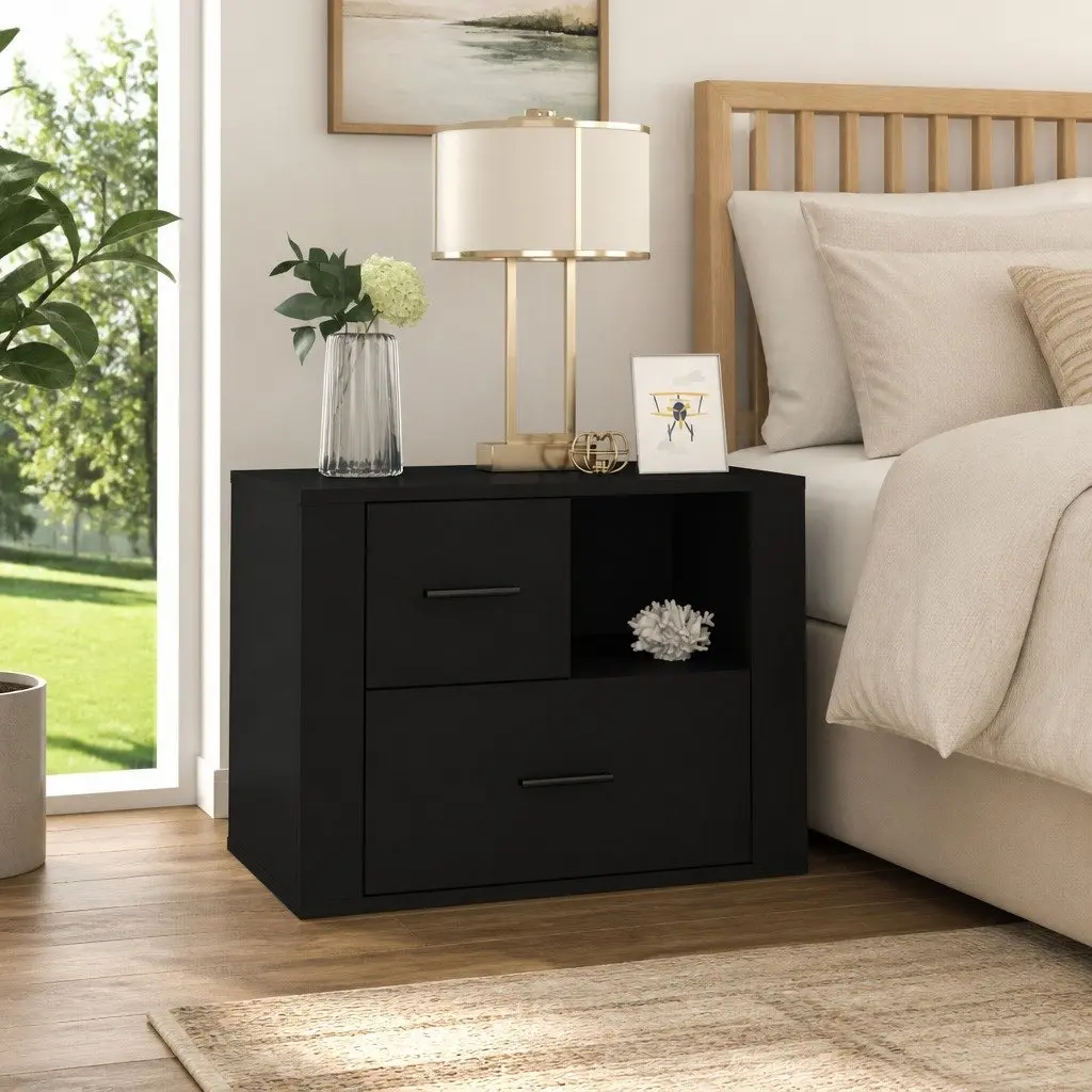 Bedside Cabinet Black 60x36x45cm Nightstand with 2 Drawers and Compartment for Storage