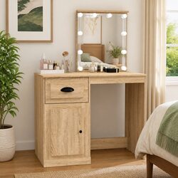 Dressing Table LED Mirror Vanity Brown Bedroom Makeup Desk Storage 90x50x132.5cm