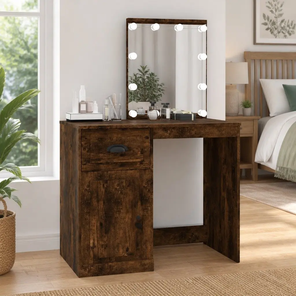 Dressing Table LED Mirror Smoked Oak Engineered Wood Makeup Desk with Storage Compartments