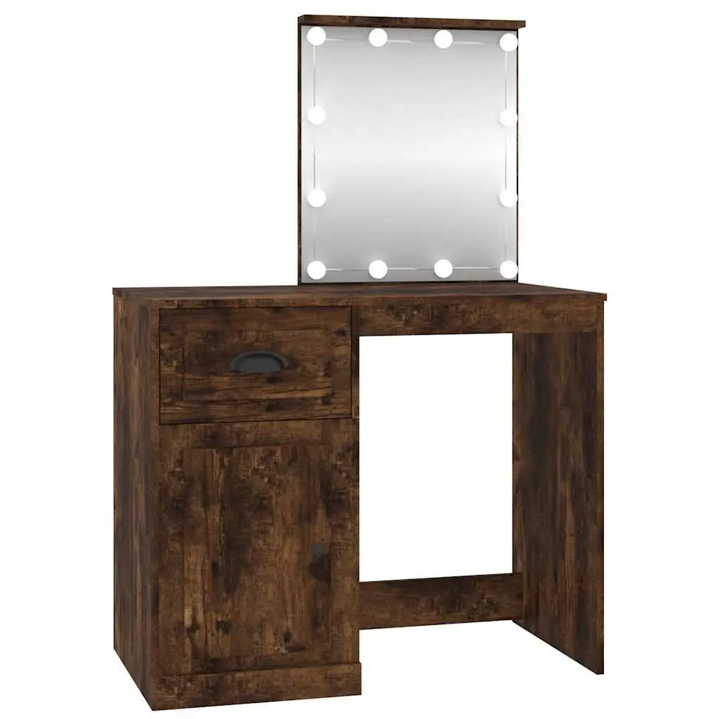 Dressing Table LED Mirror Smoked Oak Engineered Wood Makeup Desk with Storage Compartments