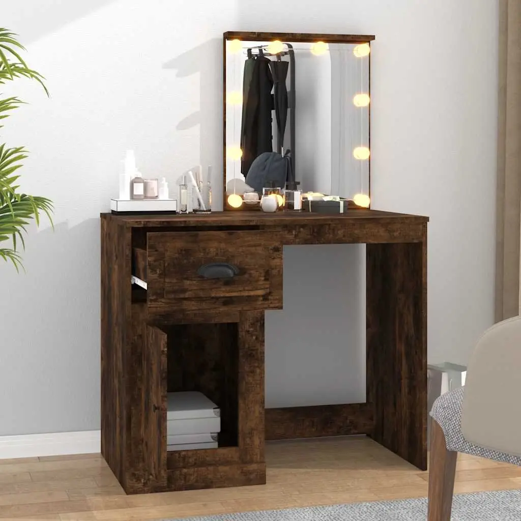 Dressing Table LED Mirror Smoked Oak Engineered Wood Makeup Desk with Storage Compartments
