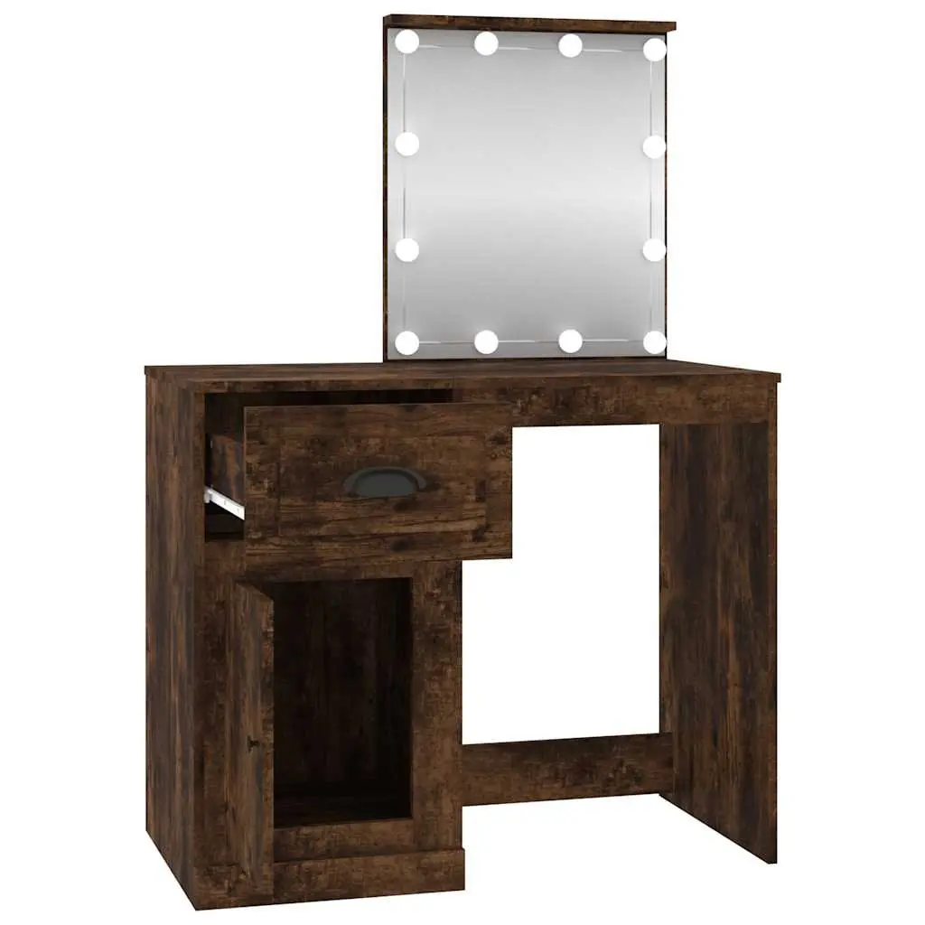 Dressing Table LED Mirror Smoked Oak Engineered Wood Makeup Desk with Storage Compartments