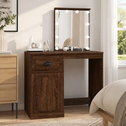 Dressing Table with LED Mirror Brown Oak Bedroom Vanity Makeup Desk Storage