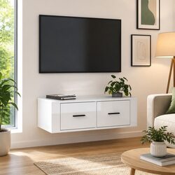 Hanging TV Cabinet White Wall-Mounted Storage Unit Engineered Wood Drawers
