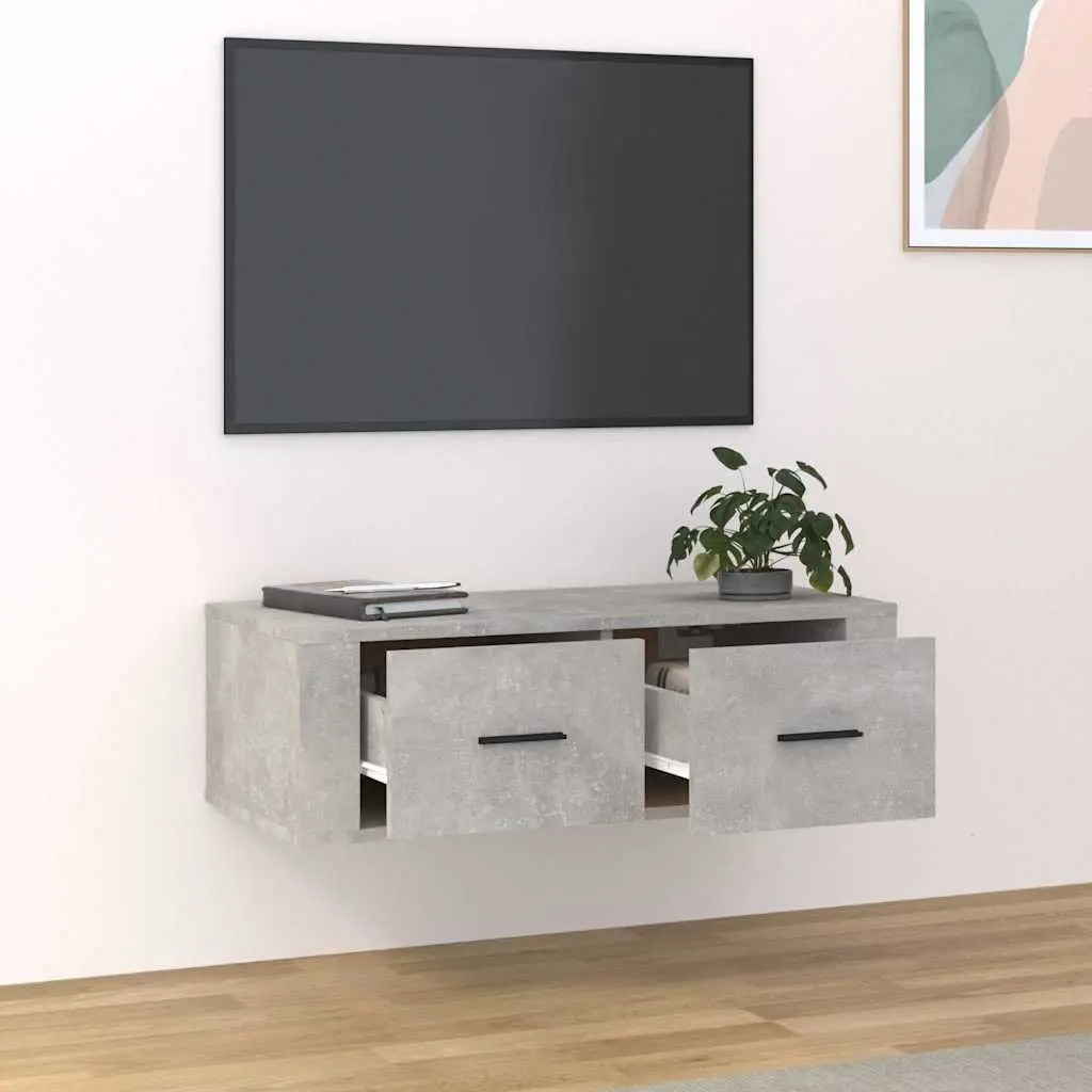 Wall-Mounted TV Cabinet Grey Engineered Wood Storage Drawers