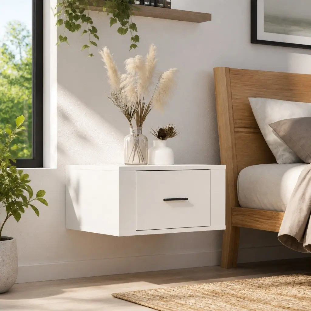 Wall-mounted Bedside Cabinet Floating Storage Organizer 50x36x25cm White Engineered Wood