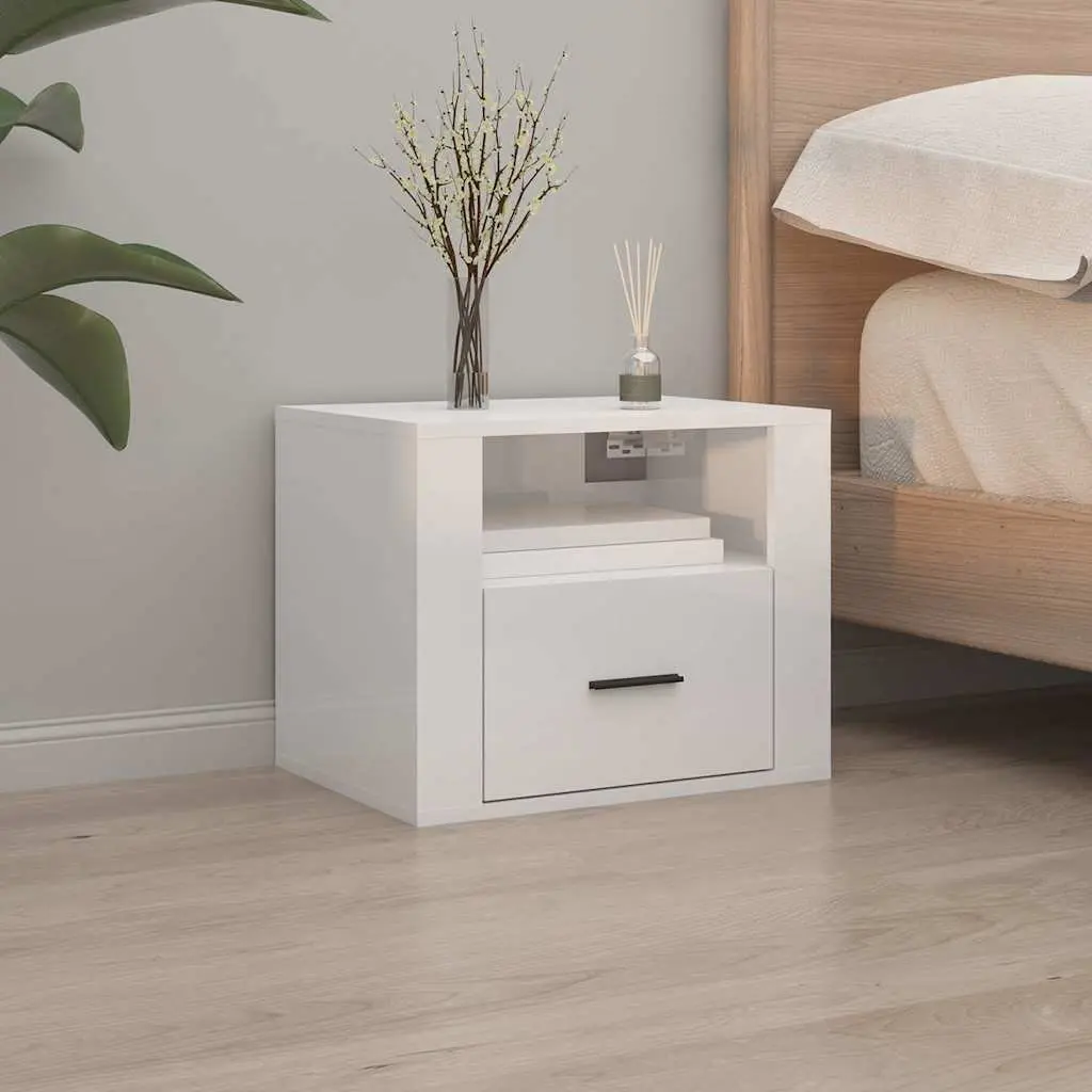 Wall-mounted Bedside Cabinets Floating Storage Organiser 50x36x40cm White High Gloss 2 Piece