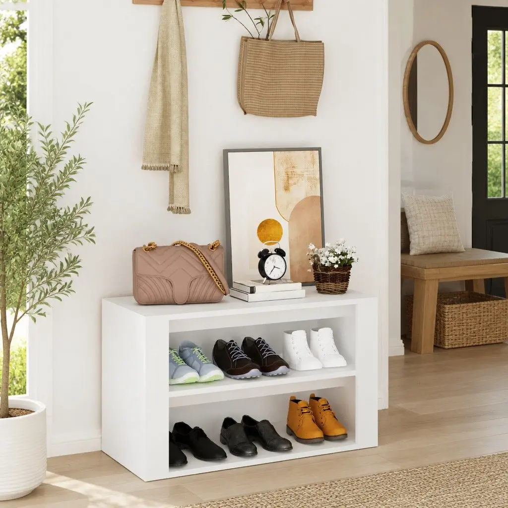Shoe Rack Engineered Wood 75x35x45cm White 2 Compartments