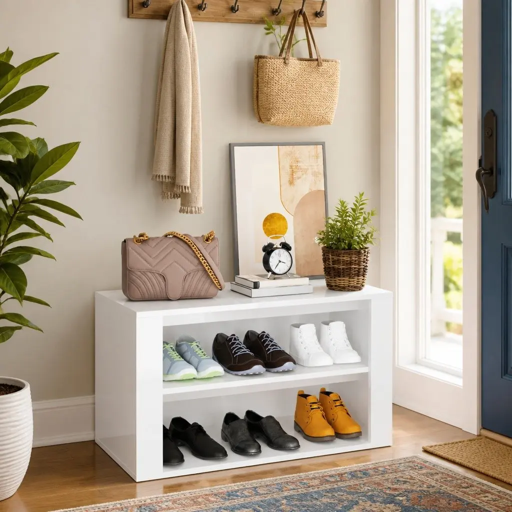 Shoe Rack Engineered Wood 2 Compartment High Gloss White Storage Organiser Cabinet