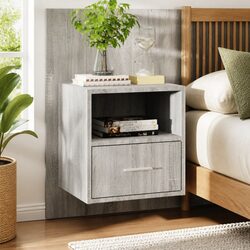 Wall-mounted Bedside Cabinet Grey Storage Floating Shelf Unit Living Room
