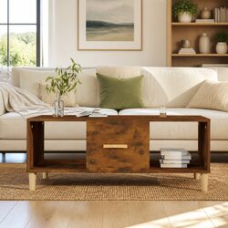 Coffee Table Brown Engineered Wood Storage Compartments Drawer 102x50x40cm