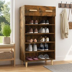 Shoe Cabinet Brown Storage Organiser 5 Compartments Drawer Engineered Wood