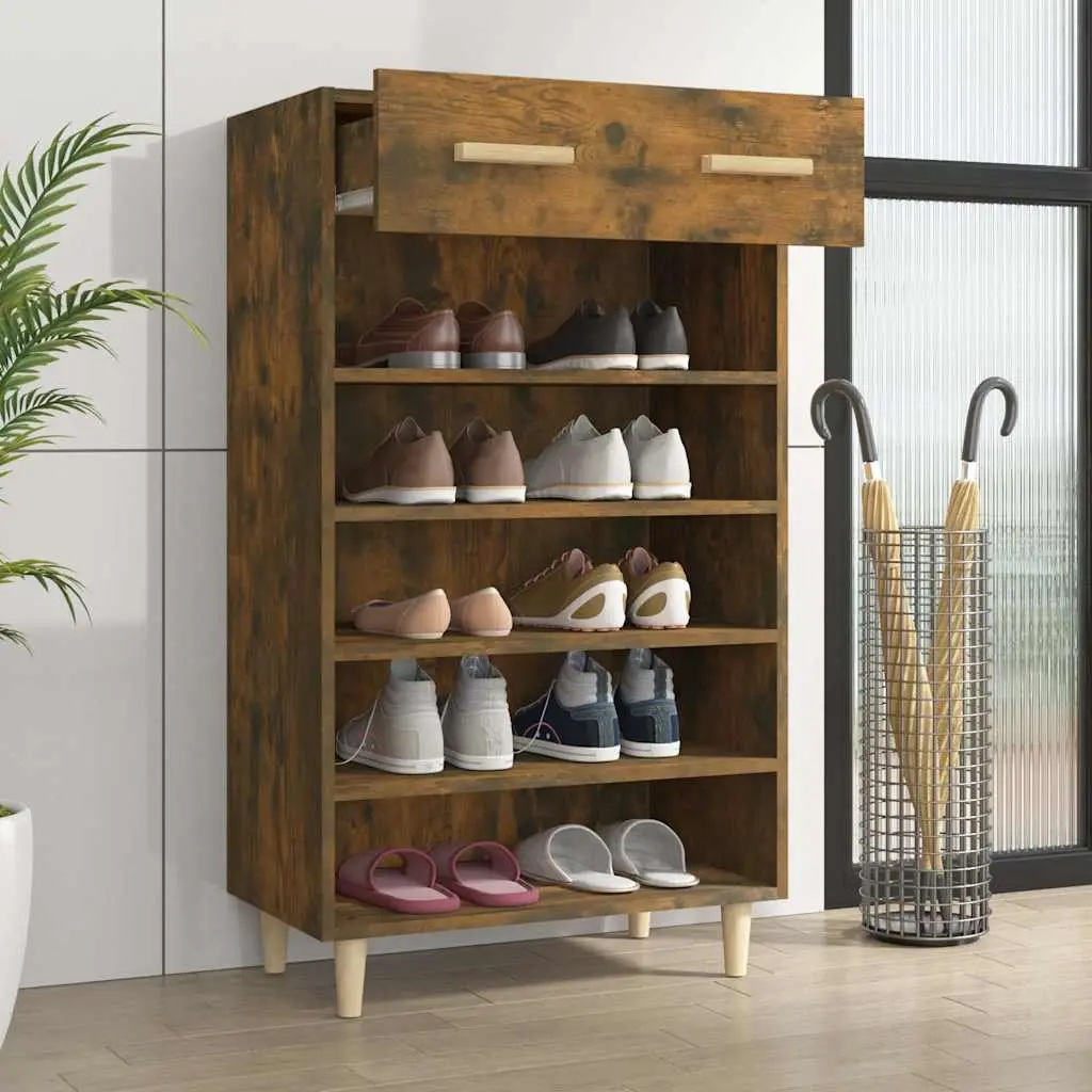 Shoe Cabinet Brown Storage Organiser Engineered Wood 5 Compartments Drawer