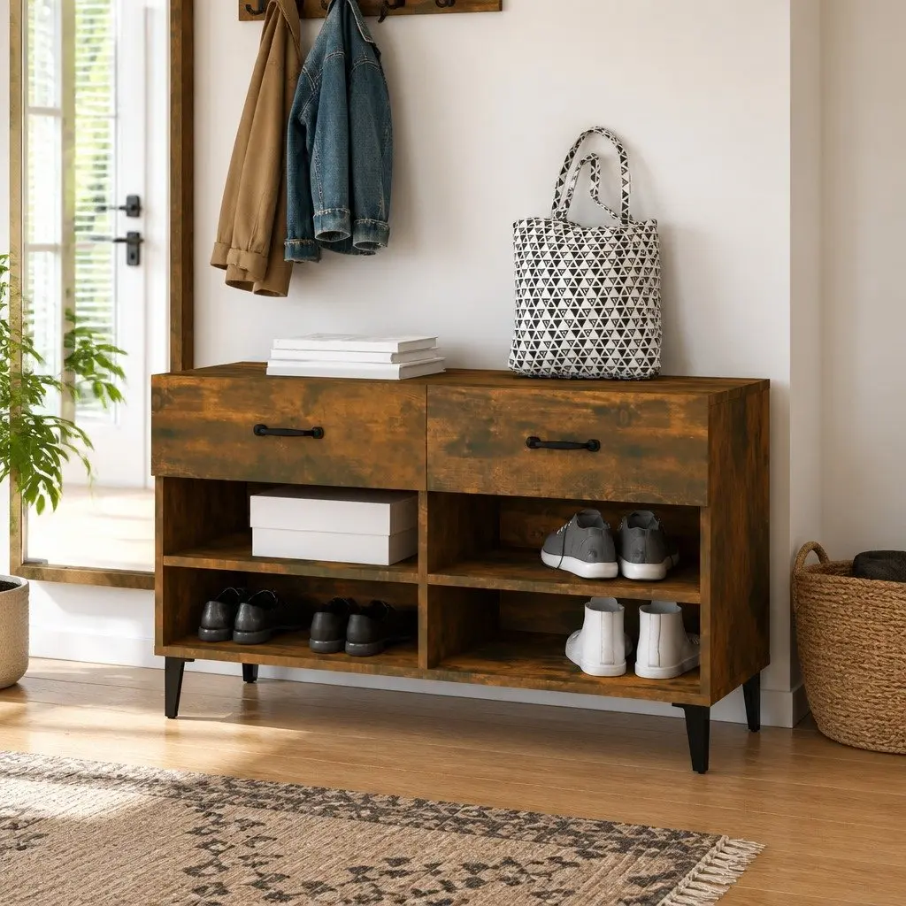 Shoe Cabinet Storage Organiser 102x35x55 cm Brown with 2 Drawers and 4 Compartments
