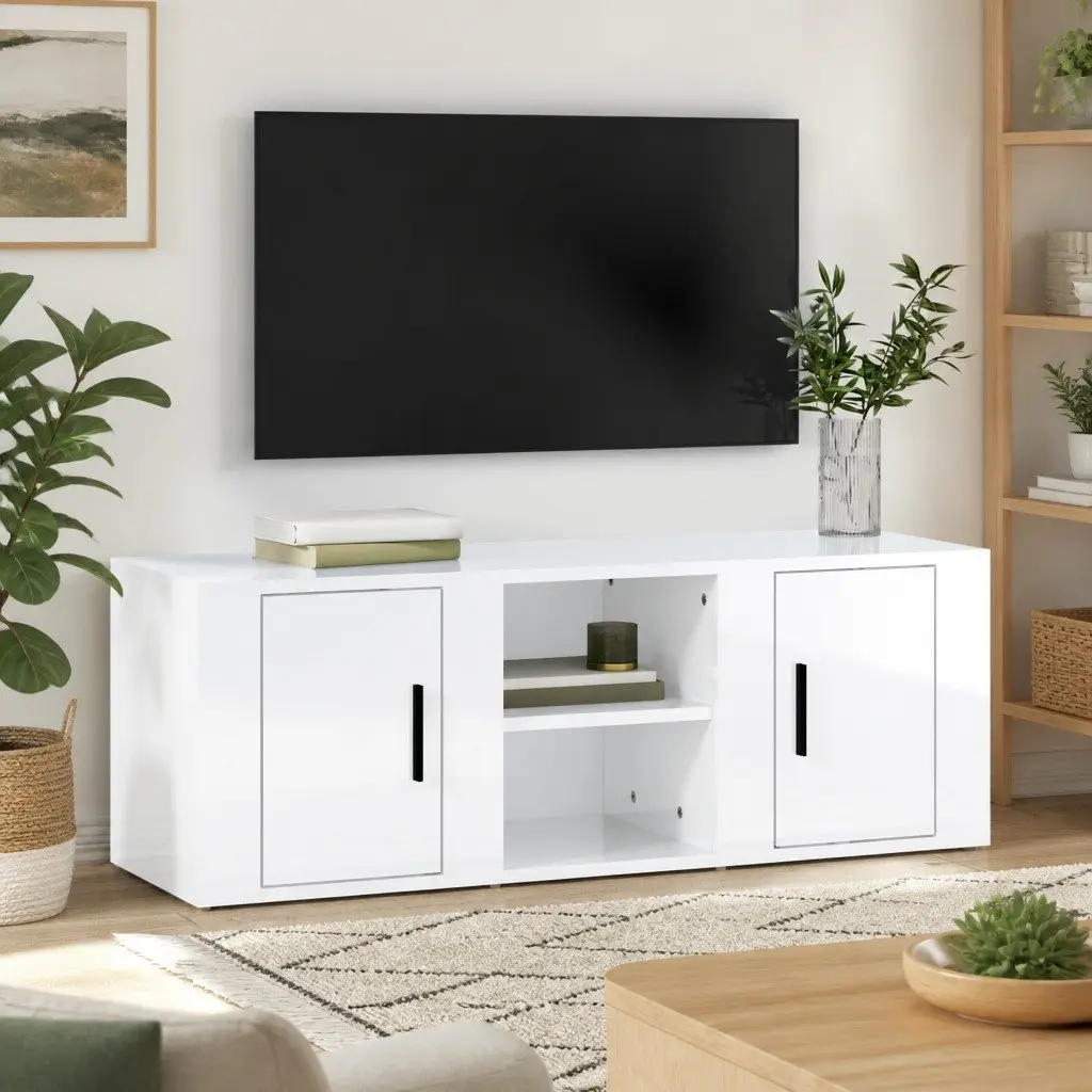 TV Cabinet High Gloss White Engineered Wood Media Storage Unit with 4 Compartments