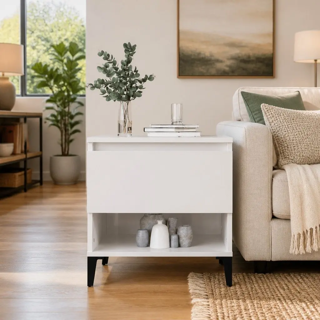 End Table White High Gloss Storage Drawer Compartment Engineered Wood Metal Feet