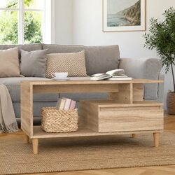 Coffee Table with Storage Drawer Open Shelves Wooden Legs Brown Accent Furniture