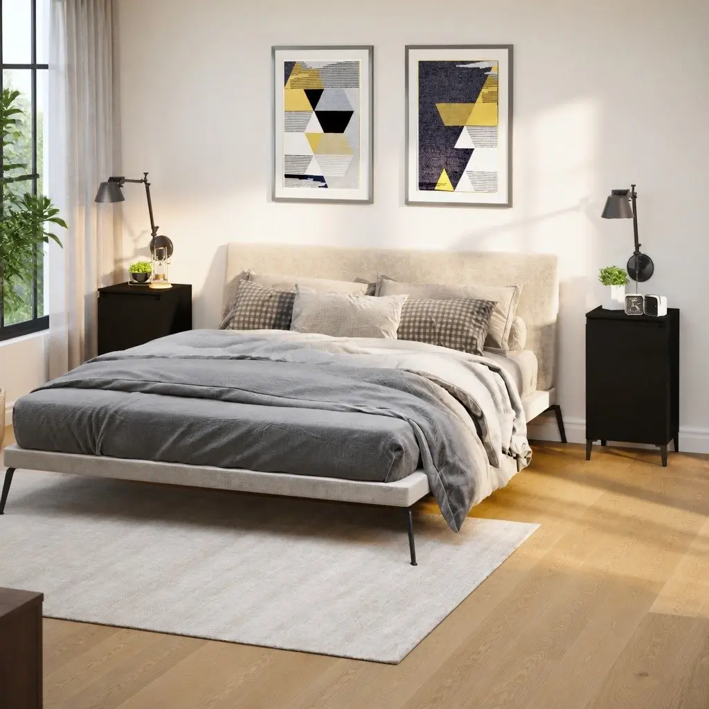 Bedside Cabinets 2 pcs Black Nightstand with Door Storage Engineered Wood Metal Legs