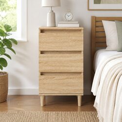 Bedside Cabinet Brown Engineered Wood 3 Drawer Nightstand Storage Side Table