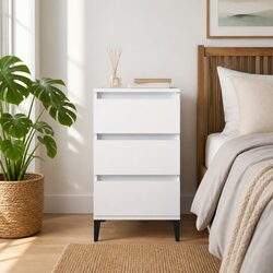 Bedside Cabinet White 40x35x70cm Industrial Style Nightstand 3 Drawer Storage