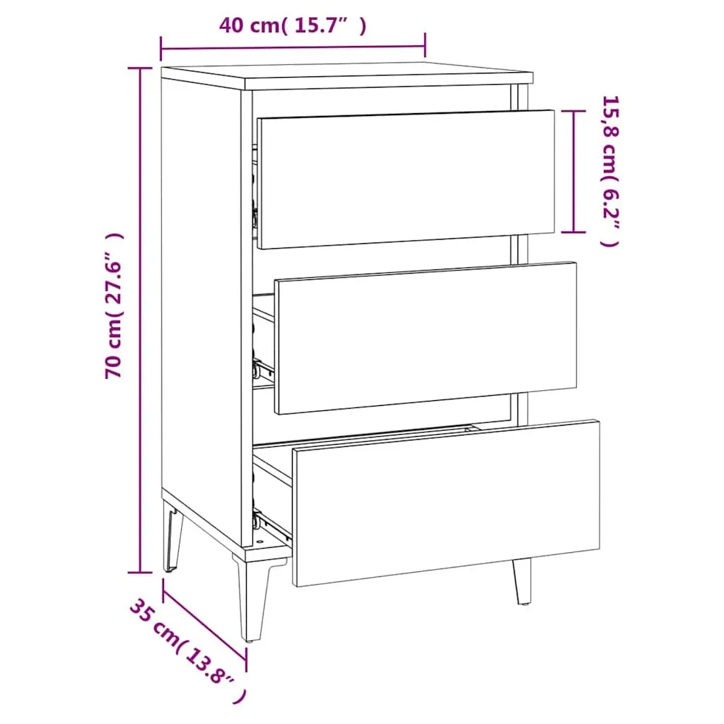 Bedside Cabinet Industrial Style 3 Drawer Storage 40x35x70cm White