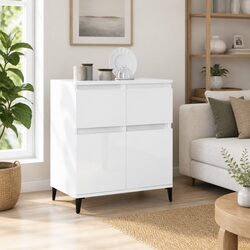 White Sideboard Storage Cabinet 60x35x70cm High Gloss Engineered Wood 2 Drawer