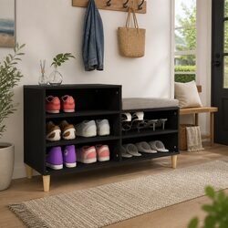 Shoe Cabinet Black Storage Organiser Engineered Wood 5 Compartments Wooden Legs