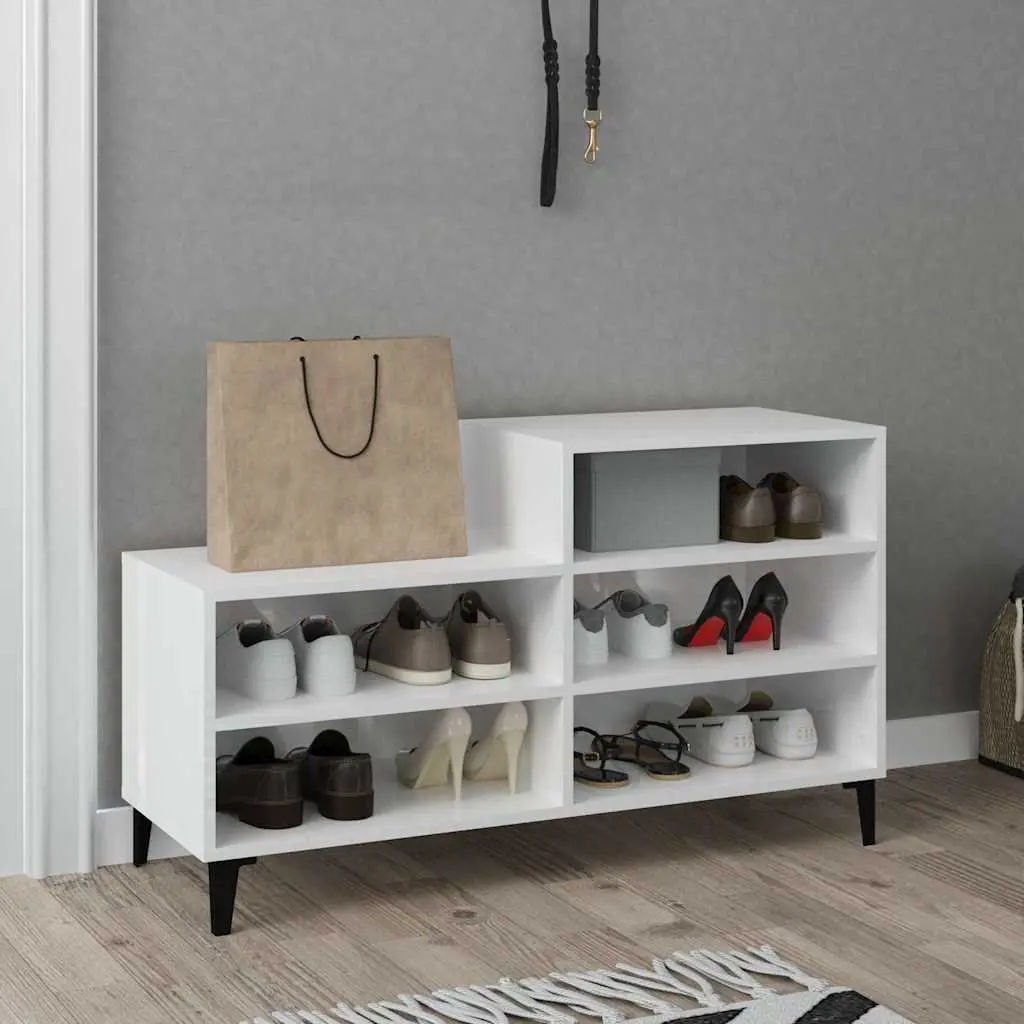 Shoe Cabinet White High Gloss 5 Shelves Engineered Wood Storage Organiser Unit