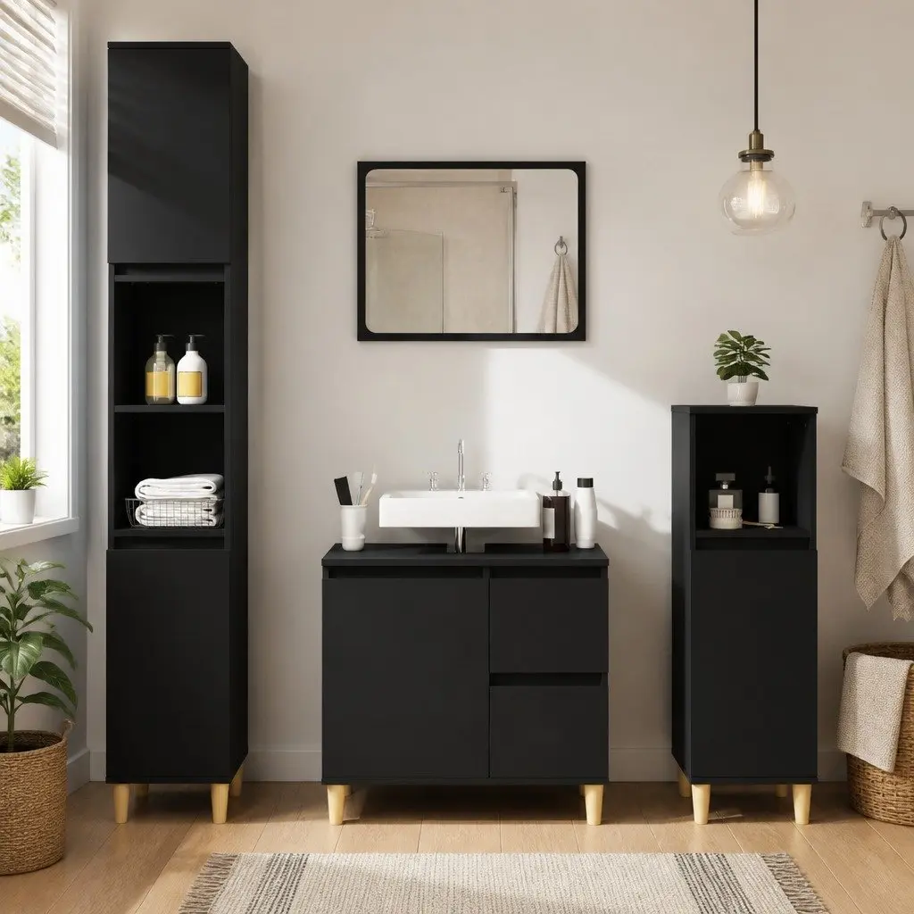 Bathroom Vanity Cabinet Black Storage Unit Engineered Wood Cupboard 30x30x100cm
