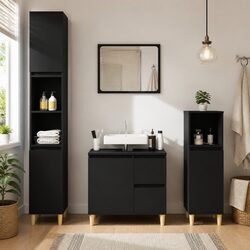 Bathroom Vanity Cabinet Black Storage Unit Engineered Wood Cupboard 30x30x100cm
