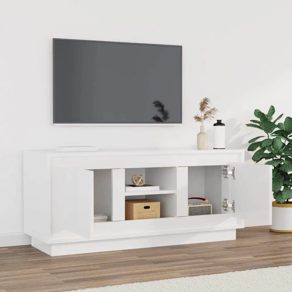 TV Cabinet Modern Media Storage Unit White High Gloss Engineered Wood 102x35x45cm