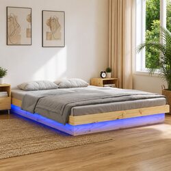 Solid Wood LED Bed Frame 150x200 cm Brown Wooden Bedroom Furniture with Remote