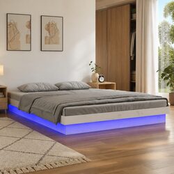 LED Bed Frame 150x200cm Solid Wood White Bedroom Furniture with Remote Control