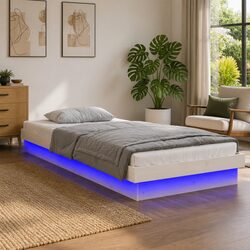 LED Bed Frame White 90x190cm Solid Pine Wood Slatted Base Remote Control Lights