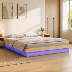 Bed Frame with LED Lights 135x190 cm Solid Pine Wood Brown Bedroom Furniture