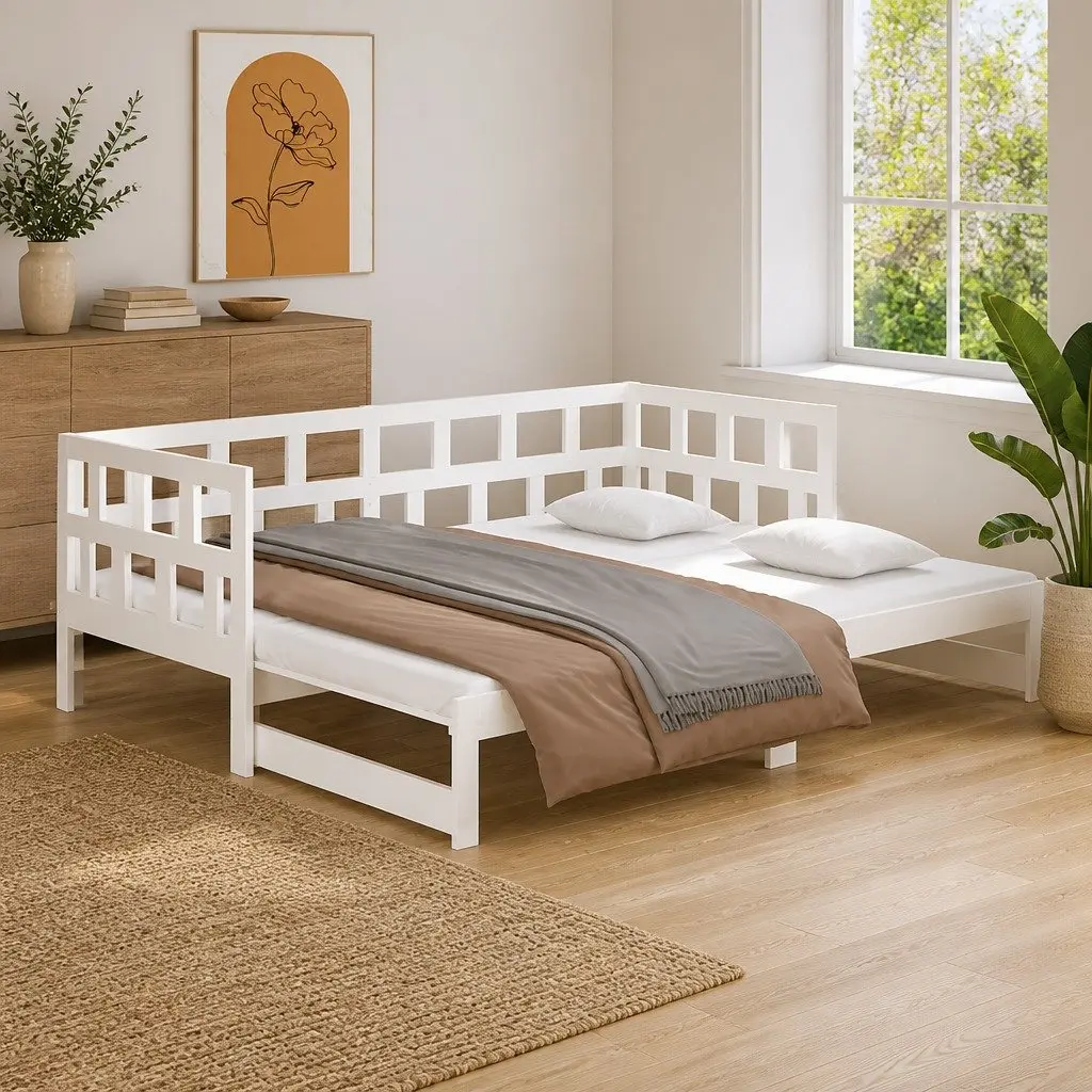 Day Bed Frame Pull-out Sofa Bed Solid Pine Wood White 2x90x190cm