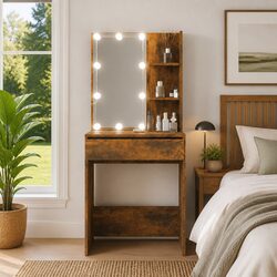 Dressing Table with LED Mirror and Storage Drawers Makeup Vanity Smoked Oak