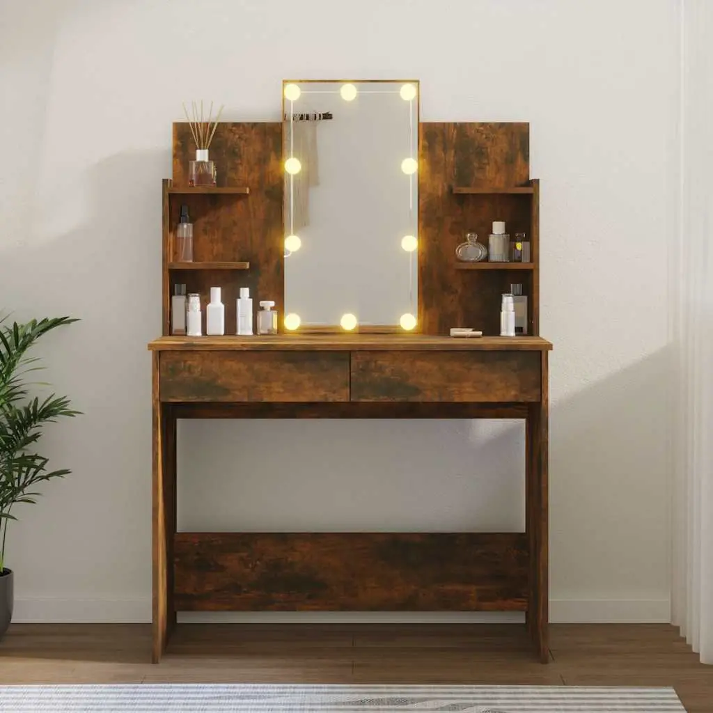 Dressing Table LED Mirror Storage Drawers Vanity Unit Brown 96W x 40D x 142H cm Engineered Wood