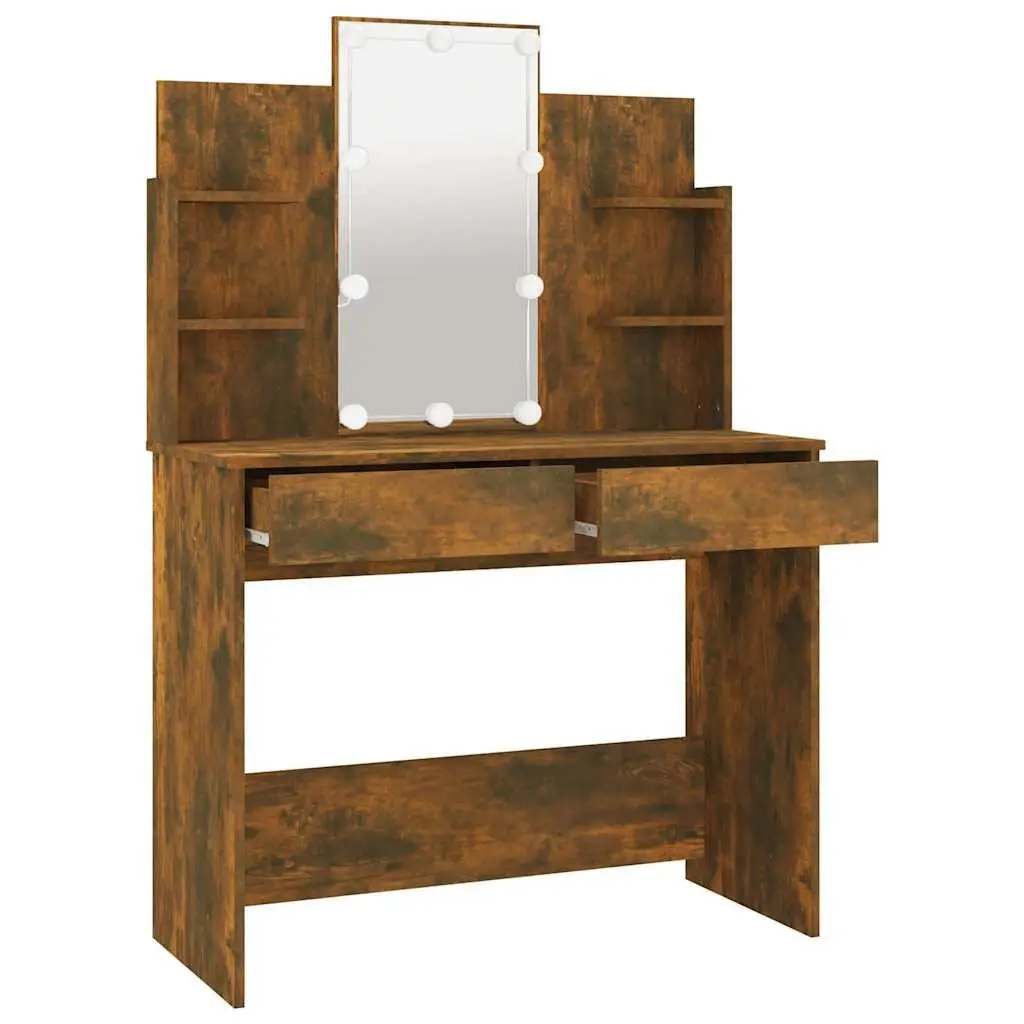 Dressing Table LED Mirror Storage Drawers Vanity Unit Brown 96W x 40D x 142H cm Engineered Wood