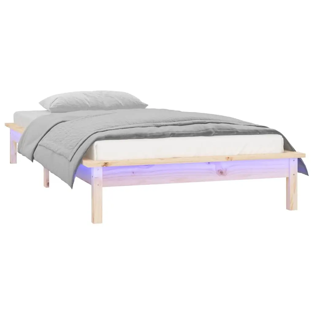 Solid Wood LED Bed Frame Brown 90x190 cm Wooden Bedroom Furniture Slatted Base