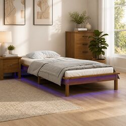 Solid Wood LED Bed Frame 90x190 cm Slatted Base Honey Brown Bedroom Furniture