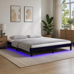 LED Bed Frame Black Solid Wood 135x190 cm Bedroom Furniture Colourful Lights