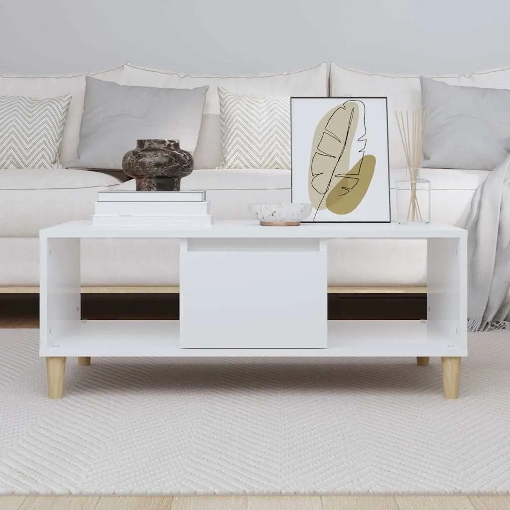 Coffee Table High Gloss White Engineered Wood Storage Compartments Drawer