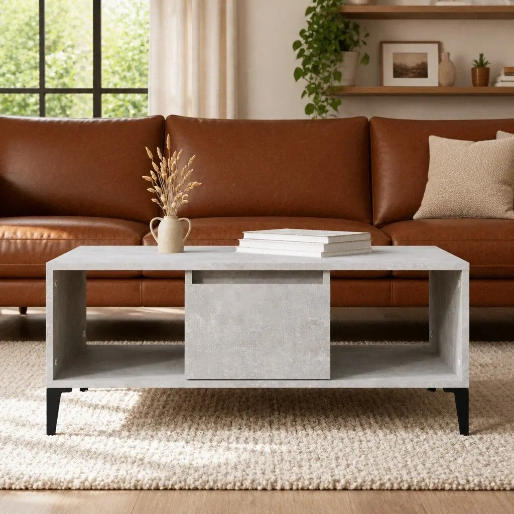 Coffee Table Grey Engineered Wood 90x50x36.5 cm with Drawer and Open Compartments
