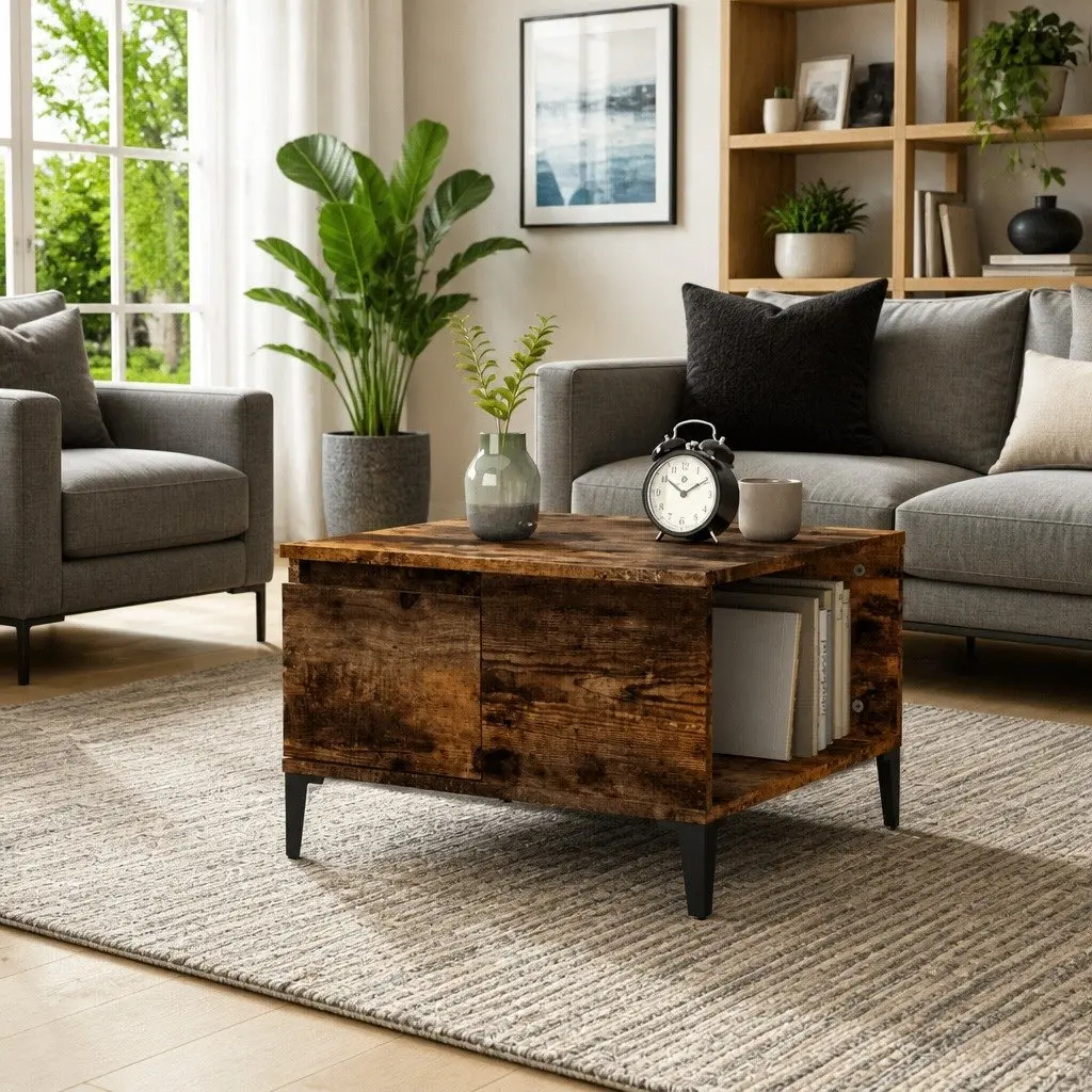 Coffee Table with Storage Drawer Open Compartment Brown Engineered Wood